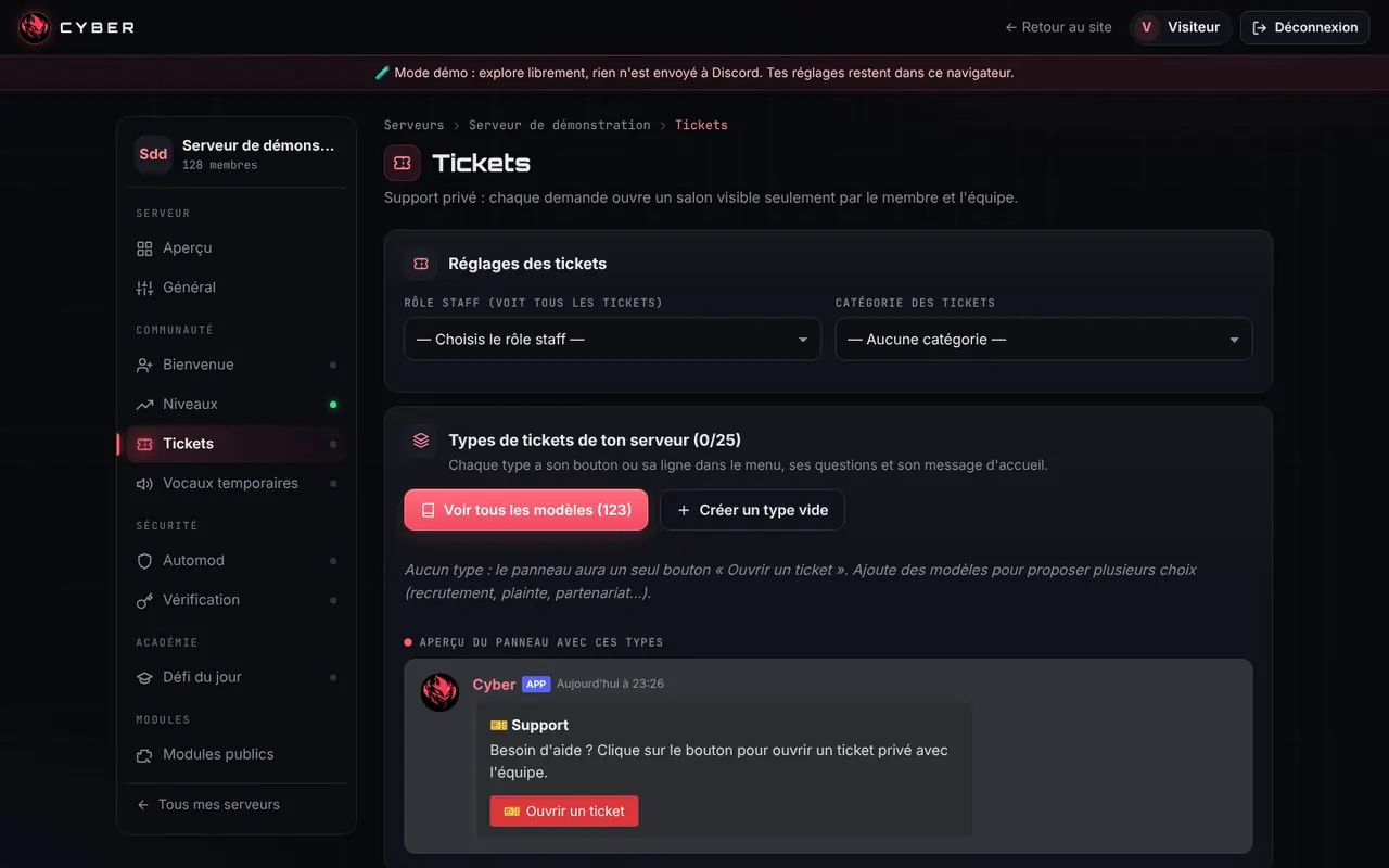 Réglages des tickets : rôle staff, 123 modèles et aperçu du panneau
