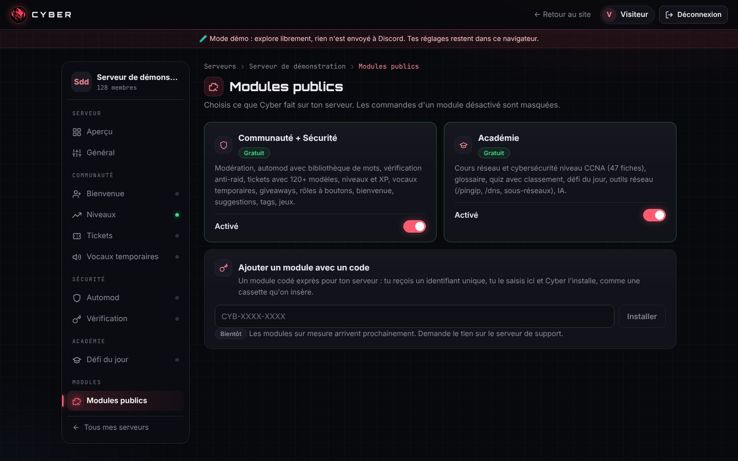 Modules publics (les modules sur mesure arrivent « Bientôt »)